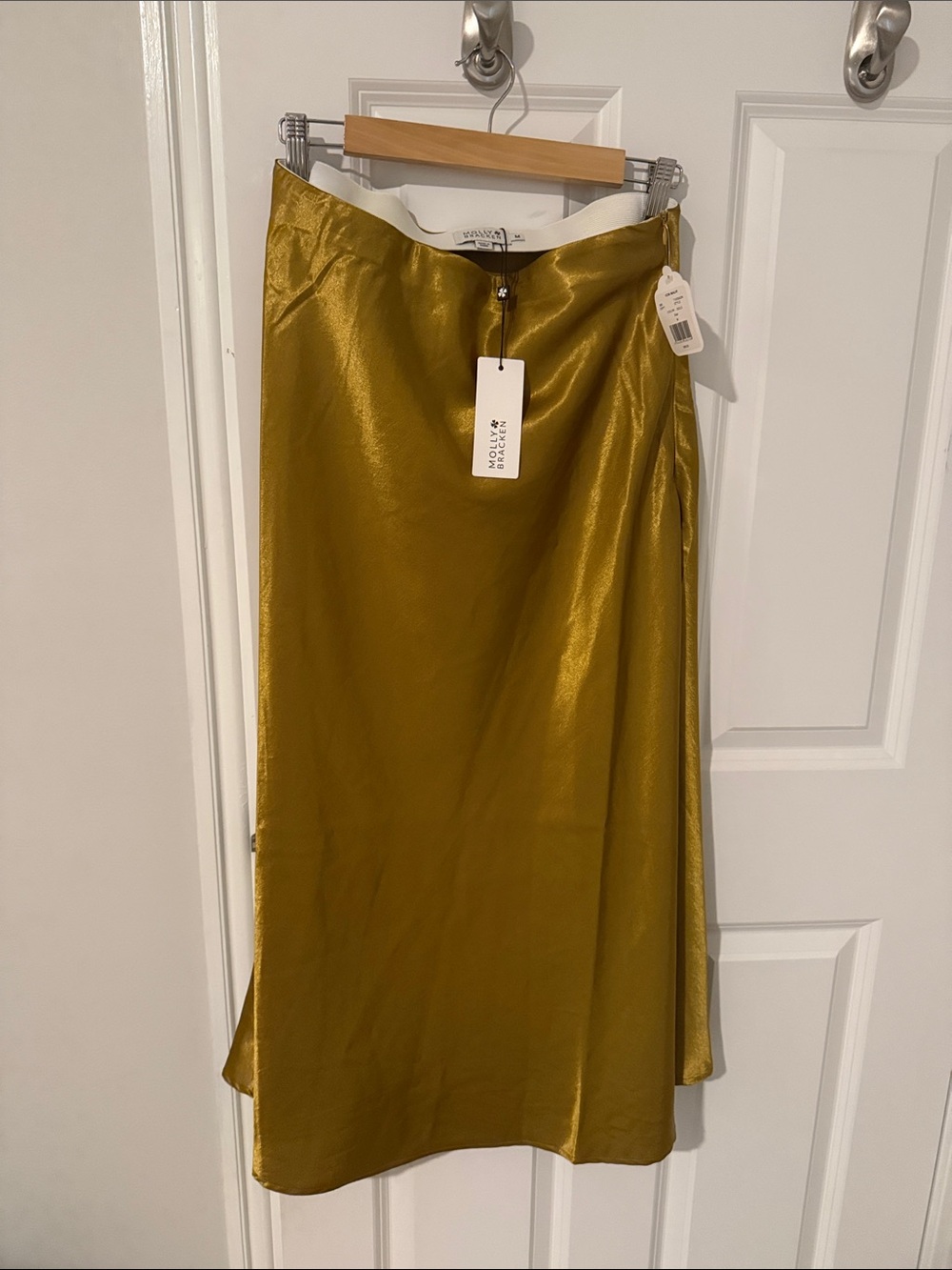Molly Bracken Shiny Olive Satin Midi Skirt